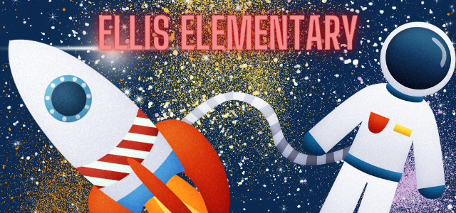 Ellis Elementary space backdrop with floating astronaut and rocket ship