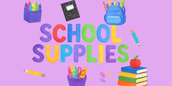 school supplies text with graphics of school supplies